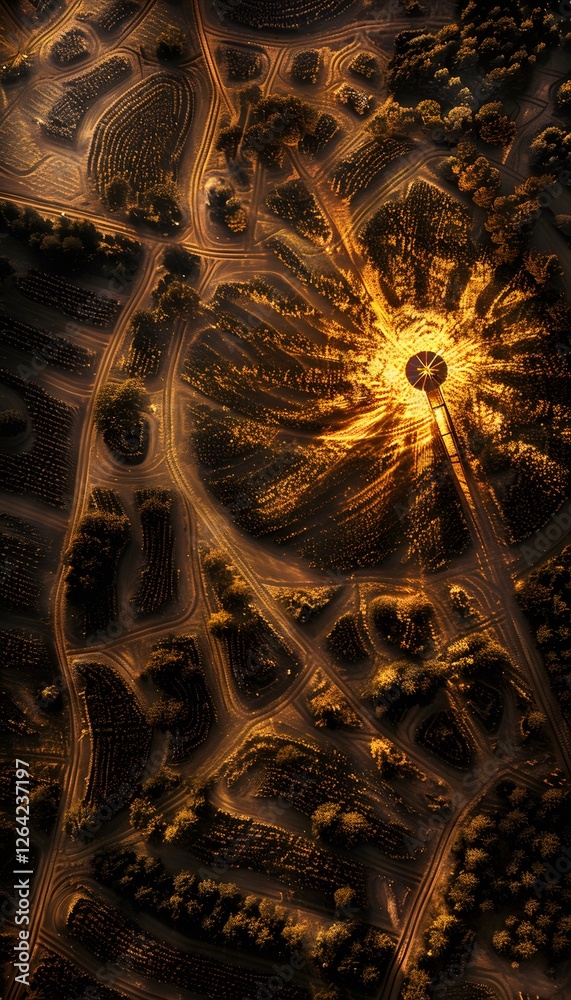 Poster aerial view of a glowing golden wheat field with intricate patterns, a traditional windmill glowing 