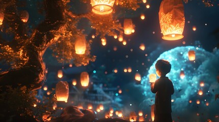 Over-the-shoulder view of a child lighting a glowing paper lantern, surrounded by surreal glowing trees, cinematic cultural wonder