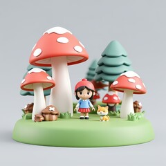 Naklejka premium A figure of a little girl and her friends in the forest.
