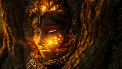 Close-up of a glowing traditional artifact carved into a surreal tree, illuminated by cinematic golden light