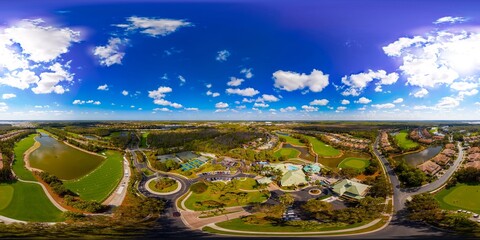 Aerial equirectangular 360 photo Naples Florida golf course and residential homes neighborhood