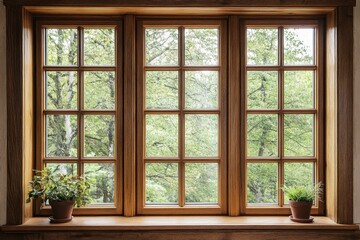 Wooden window showing trees with flowerpots on window sill