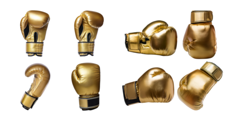Golden Boxing Gloves in Various Positions for Sport and Fitness