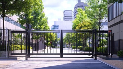 Naklejka premium Modern Black Metal Gate in Urban Setting