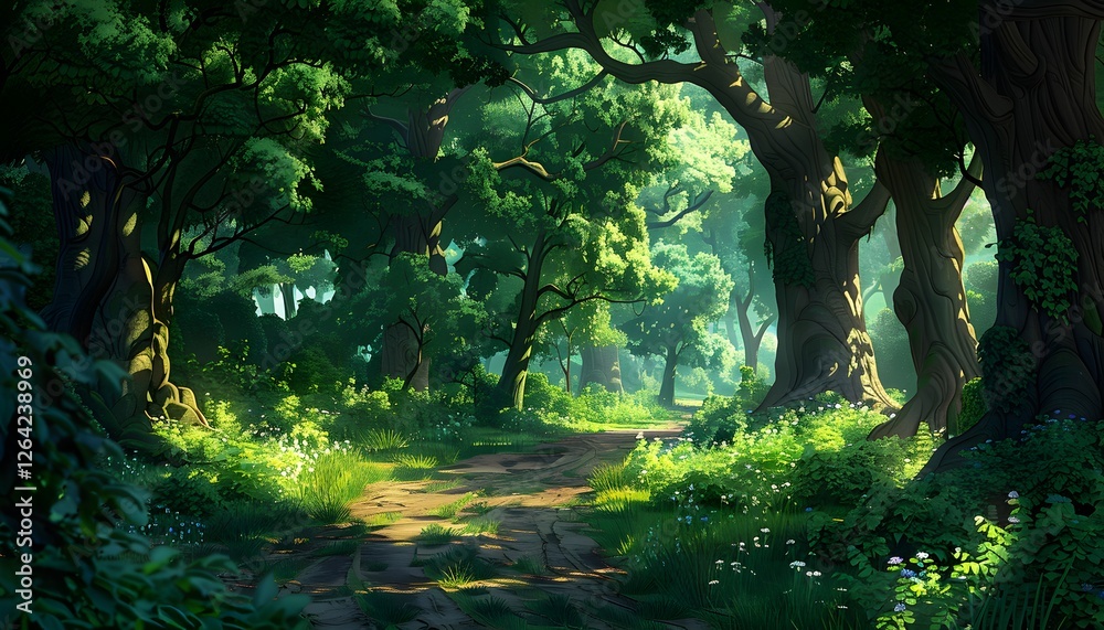 Poster a peaceful forest path illuminated by dappled sunlight, with lush greenery carpeting the ground and 