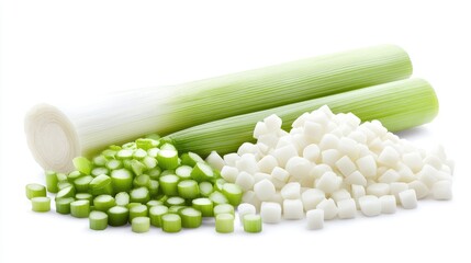 Freshly cut leeks and diced vegetables arranged on a white background for culinary use