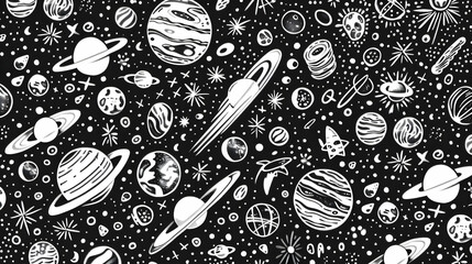 Whimsical black and white illustration of planets, stars, and galaxies, perfect for educational use