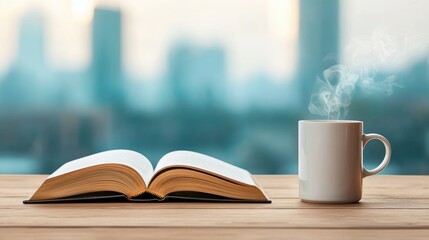 An open book rests on a wooden table beside a steaming cup of coffee, with a blurred cityscape in the background.