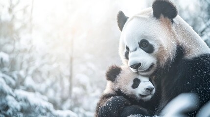 Adorable Panda Mom   Cub in Snowy Winter Forest