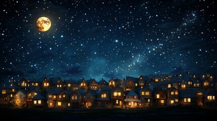 Naklejka premium Nighttime Village Illuminated Dreamy Starry Skies Background Festive Ambiance Perfect for Holiday Season Concepts