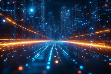 Fototapeta premium Futuristic Blue Background with Light Lines and City Skyline for Smart Urban System Concept.