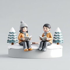 A girl and boy sitting on snow reading books with two trees.