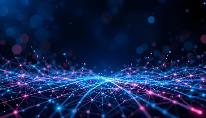 Obraz premium Abstract digital data grid with blue glow, futuristic cyber network, AI-powered information flow, blockchain technology, high-tech computing, smart data processing, virtual cyberspace visualization.