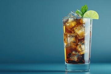 A tall glass of cola with ice cubes, a fresh lime wedge, and mint garnish against a blue background. Ideal for beverage branding, summer refreshment ads, and drink menus