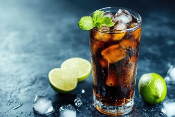 A tall glass of chilled cola with ice cubes, fresh lime, and mint garnish on a dark textured surface with condensation. Ideal for beverage promotions, summer ads, and drink branding