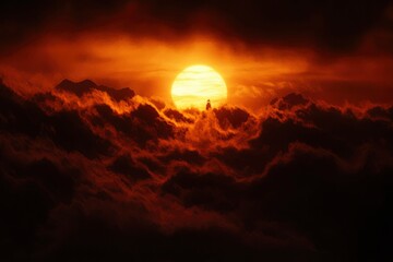 Obraz premium Silhouette stands before setting sun above clouds, warm colors glow. Serene mood