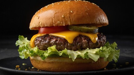 Juicy Gourmet Beef Burger: A Tower of Melted Cheese, Fresh Veggies, and Toasted Brioche on a Sleek Black Plate