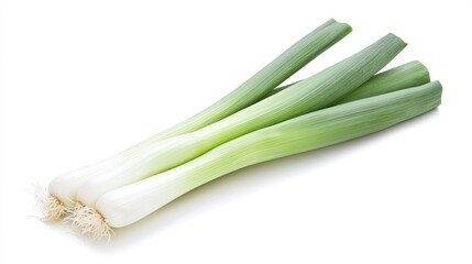 Fototapeta premium Fresh green leeks arranged on a white background, showcasing their vibrant colors and textures