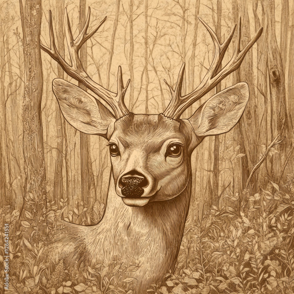 Aufkleber engraved deer portrait with intricate line work in sepia tones, ideal for personalized text display.
