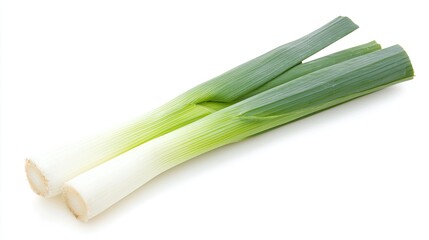 Fresh green leeks with a vibrant color contrast, isolated on a white background, ideal for culinary use