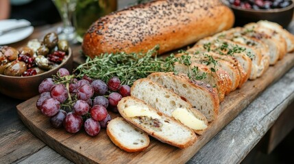 Rustic Bread Board with Grapes and Olives