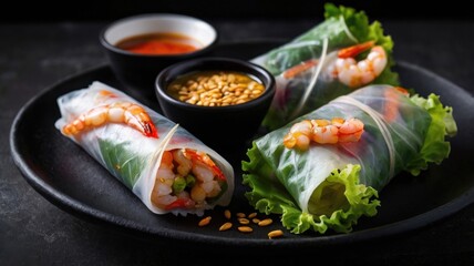 Fresh Vietnamese Spring Rolls: A Vibrant Medley of Shrimp, Lettuce, Vermicelli, and Carrots Wrapped in Translucent Rice Paper