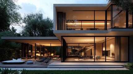 Obraz premium Modern two-story house with large windows, illuminated at dusk. Ideal for architecture, real estate, and luxury lifestyle projects.