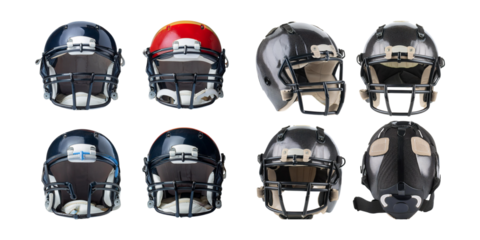 Collection of Football Helmets in Various Colors and Designs