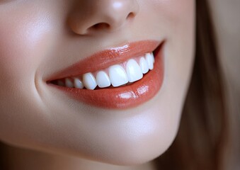 A close-up of a smiling woman showcasing bright white teeth and glossy lips, exuding confidence and beauty.