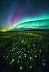 Wildflower Meadow with Aurora Borealis at Night