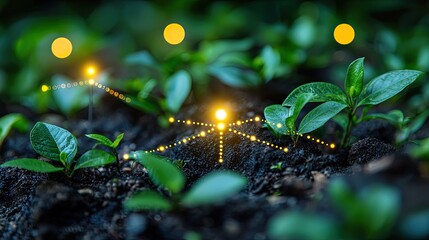 Lush green seedlings illuminated by soft glowing lights in a dark garden setting, showcasing growth