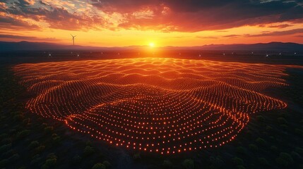 A stunning sunset over a solar farm with illuminated panels reflecting vibrant colors