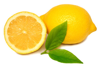 Lemon whole and slice with leaves isolated on white background