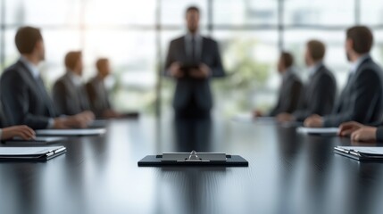 A professional meeting in a modern conference room with businesspeople engaged in discussion and collaboration.