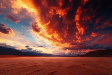 Desert landscape view at dusk with intense red, orange clouds for travel ads