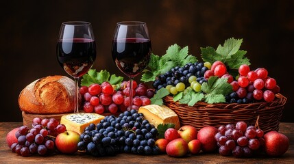 A Still Life of Wine, Cheese, Grapes, and Bread: A Culinary Delight