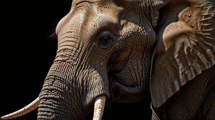 Fototapeta premium close up of an elephant with tusks, black background, Generative AI 