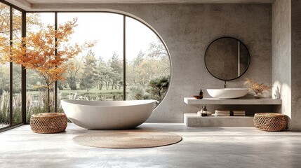 Modern bathroom interior with freestanding tub, autumn scenery outside, and minimalist decor
