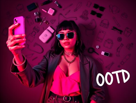 High contrast image fashion influencer taking a selfie, trendy outfit, scattered accessories, fashion icon doodles, OOTD text, electric vivid colors, intense dramatic lighting.