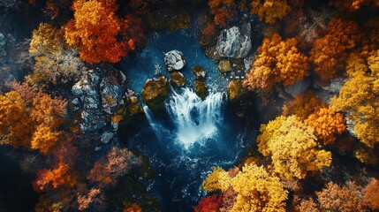 Autumn Waterfall Aerial View Forest, Cascade, Fall Colors