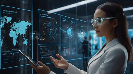 Human interacting with an AI-powered virtual assistant, using voice commands to analyze real-time business data on a futuristic holographic screen.

