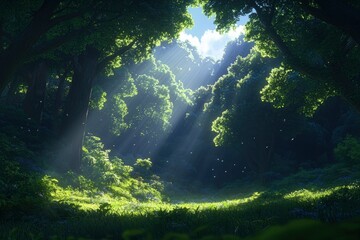 Obraz premium Sunlight rays filter through trees in a lush forest; dreamy nature background use
