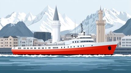 Fototapeta premium Pixel Art Illustration of a Cruise Ship Anchored near Coastal City with Mountain Backdrop for Digital Design and Travel Themes
