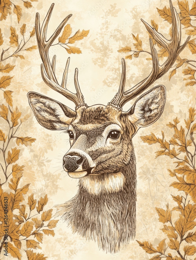 Aufkleber engraved portrait of a deer with intricate line work and sepia tones surrounded by autumn leaves. ge
