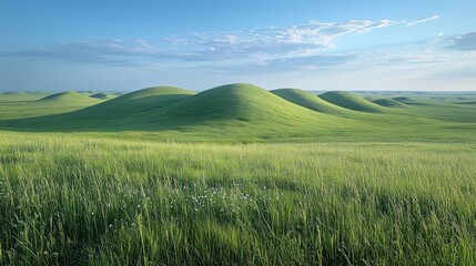 Obraz premium Lush green rolling hills under a clear blue sky, with gentle clouds in the background