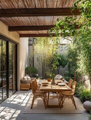 Fototapeta premium Outdoor dining area with rustic pergola and lush greenery