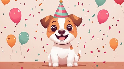 Happy dog wearing a party hat amidst colorful balloons and confetti celebrating a birthday