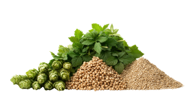 A vibrant assortment of fresh ingredients including herbs, seeds, and hops arranged beautifully for culinary inspiration.