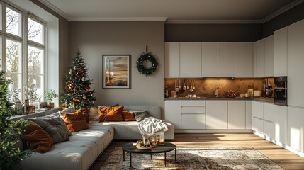 Cozy Christmas Living Room with Modern Kitchen