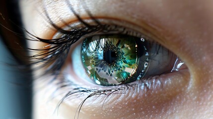 Close-Up of a Human Eye with Intricate Iris Pattern and Reflection of Nature Scene